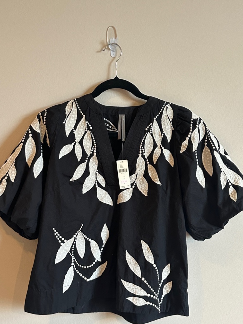 Anthropologie Black Puff Sleeve Top with White Leaf Embroidery